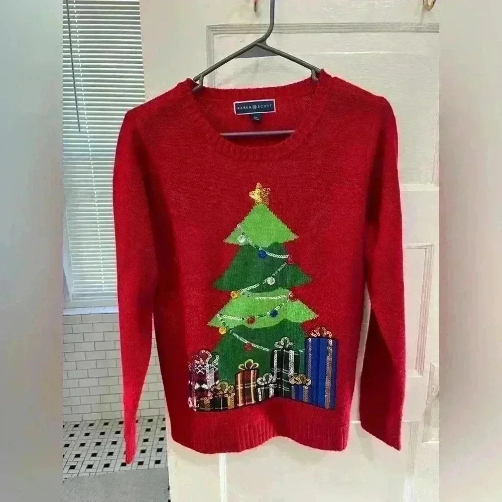 Karen Scott red christmas holiday sweater decorative festive‎ size PL